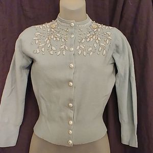 True Vintage Baby Blue Cardigan with Pearl Accents
